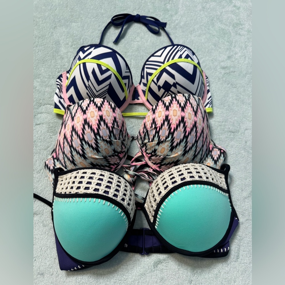 Victoria's Secret Three-Piece Bikini Top Set - Navy, Pink, Teal - Picture 2 of 13